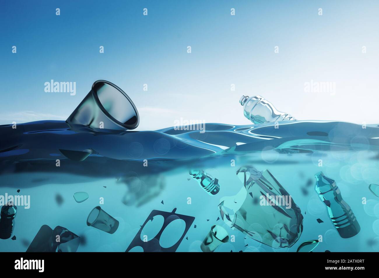 Contaminación del océano - Bolsas flotantes y residuos de plástico humano en el océano abierto. Ilustración 3D. Foto de stock