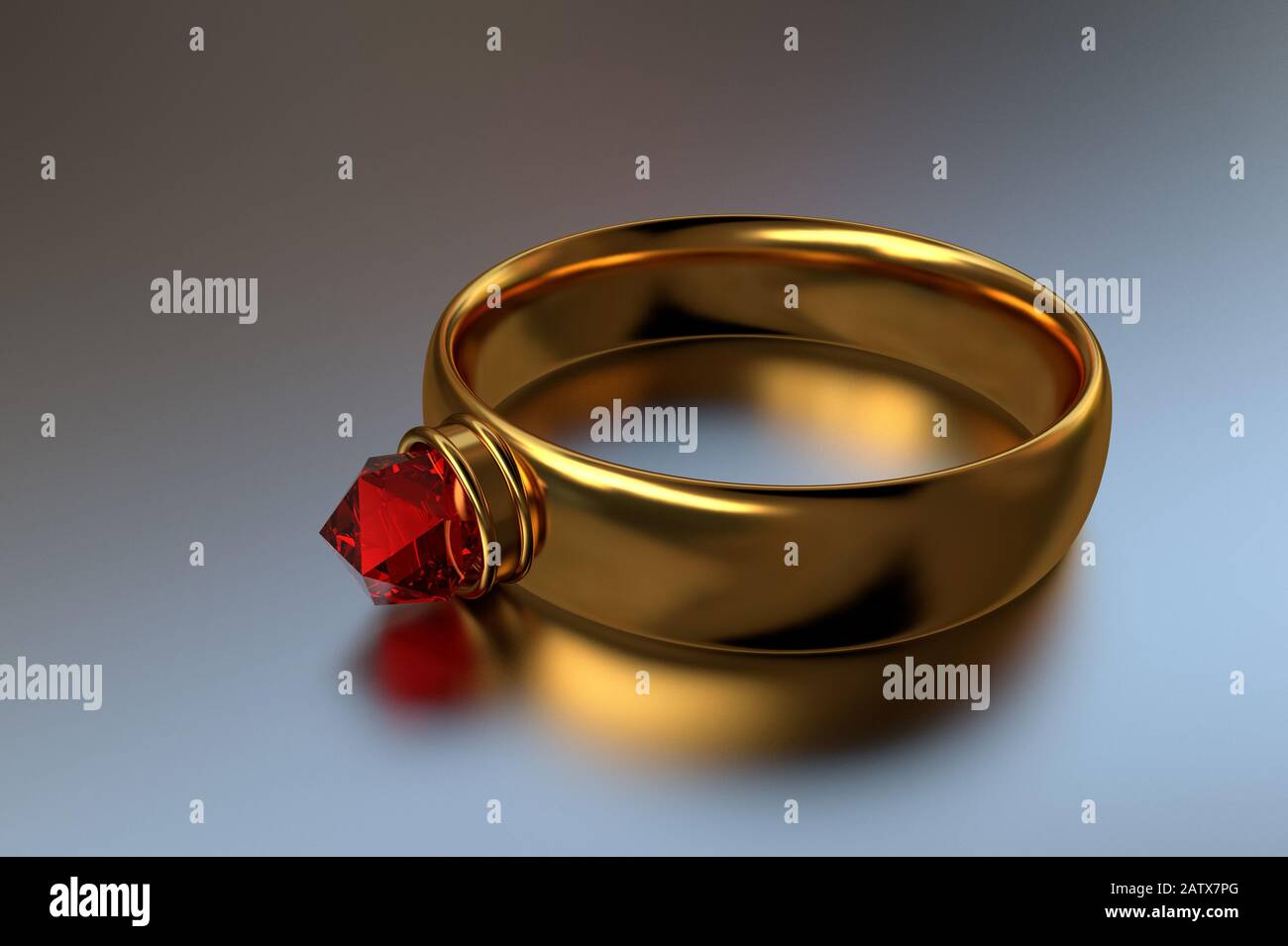 Anillo dorado con un diamante rojo en una superficie reflectante de primer plano Foto de stock