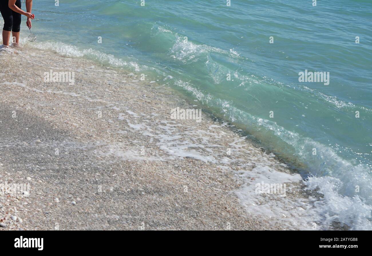 Reintento de recoger conchas en la playa junto al mar en Sanibel Island, Florida Foto de stock