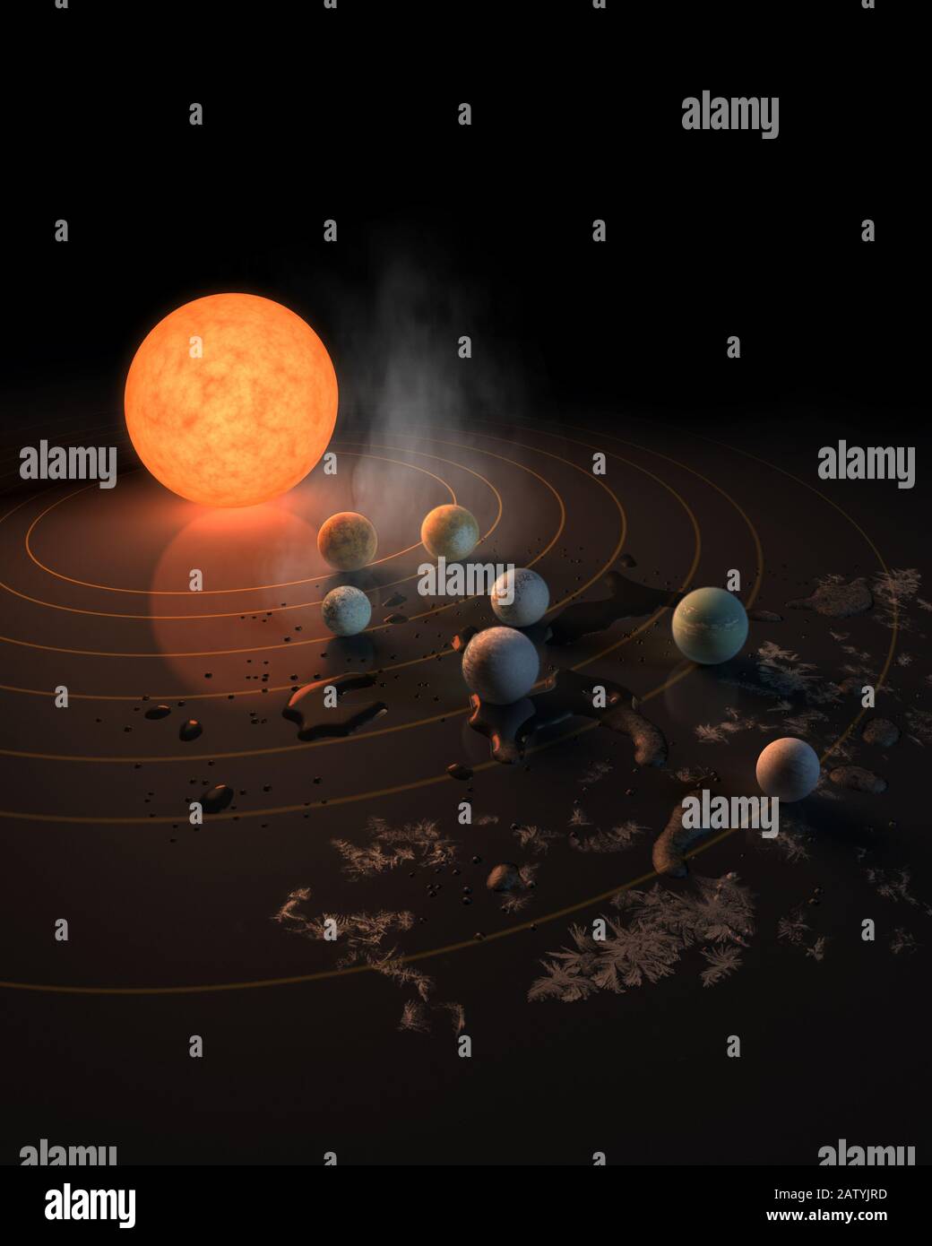 A sólo 40 años luz de distancia, un tiro de piedra en la escala de nuestra galaxia, varios planetas del tamaño de la Tierra orbitan la estrella enana roja TRAPPIST-1. Cuatro de la p Foto de stock