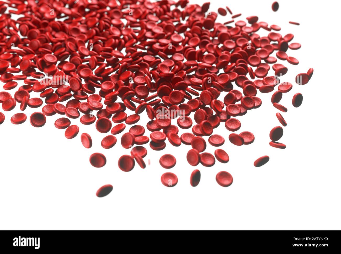 Los glóbulos rojos se derraman sobre fondo blanco. Ilustración 3D, imagen conceptual. Foto de stock