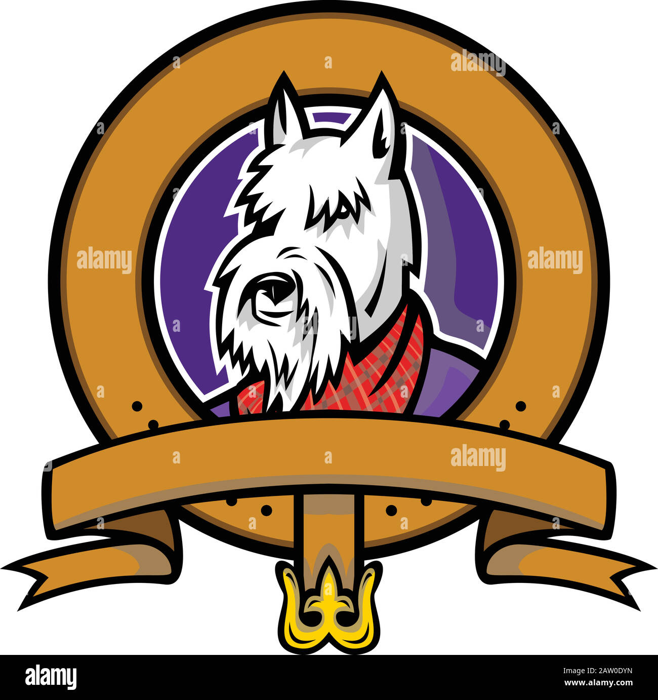 Icono de mascota deportiva ilustración de la cabeza de un escocés Terrier, Aberdeen Terrier o Scottie perro llevar tartan plaid pañuelo con cinturón de lazo Scot Ilustración del Vector