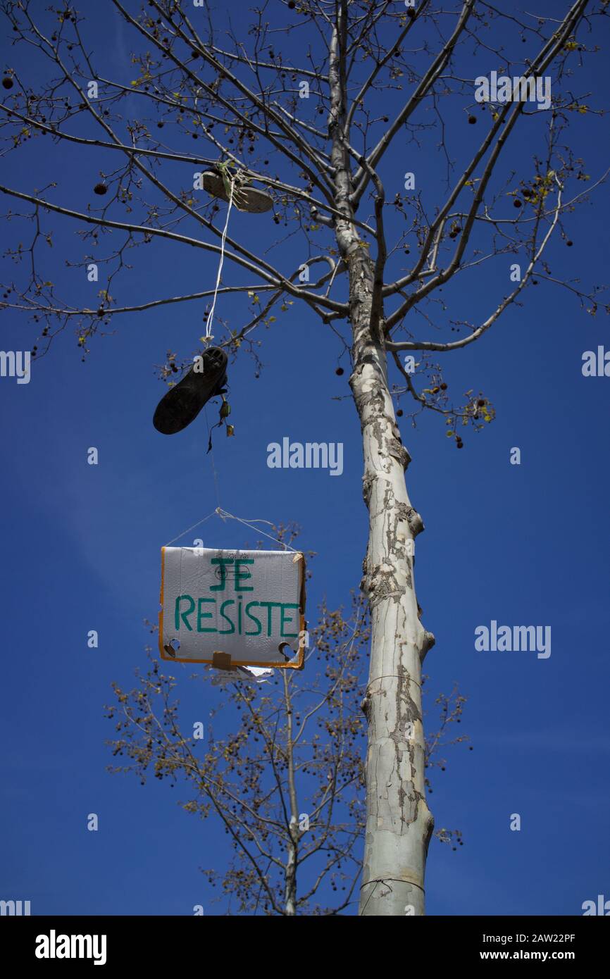 Je Resiste, cartel escrito a mano que cuelga del árbol, Place de la République, París, Francia Foto de stock
