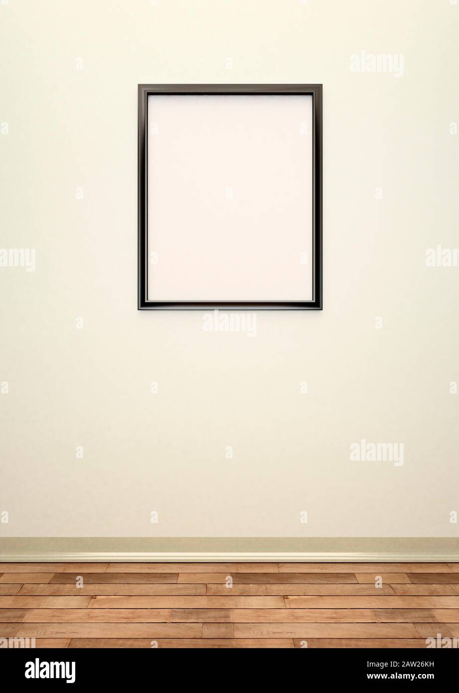 Marco de imagen grande en blanco negro en una pared de color crema Foto de stock