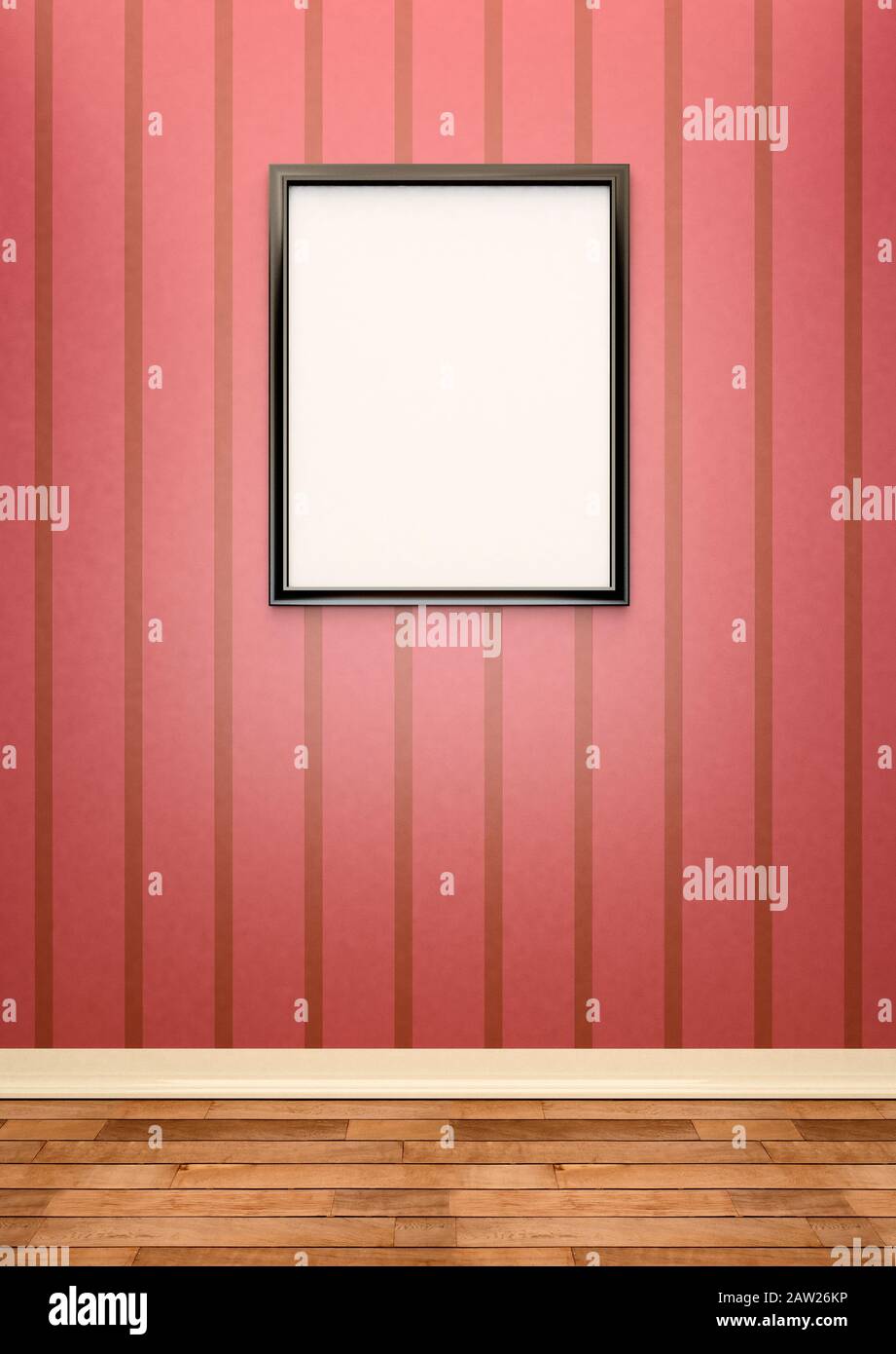 Marco de imagen grande en blanco negro sobre una pared de rayas rojas Foto de stock