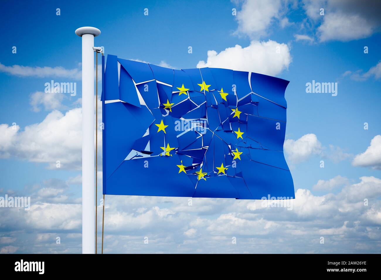 Brexit rompiendo el concepto de la UE, una bandera de la UE se quebró Foto de stock