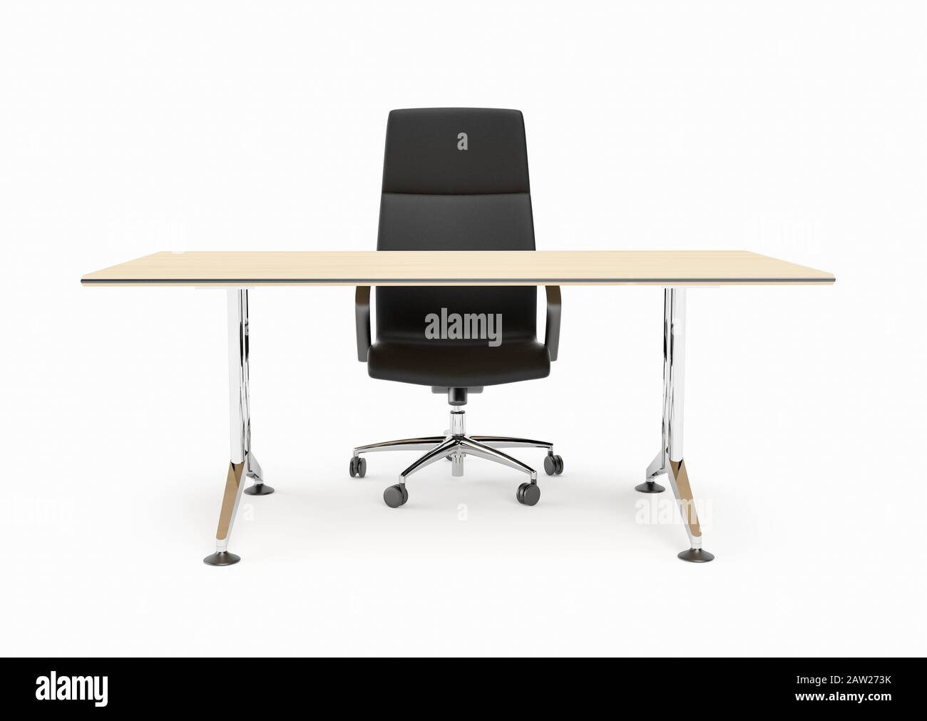 Una silla ejecutiva de oficina de cuero y un escritorio de oficina vacío Foto de stock