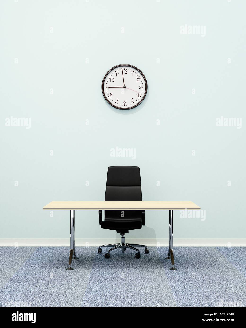 Interior de la oficina, silla ejecutiva de cuero para oficina y escritorio de oficina vacío con un reloj de pared que muestra las 9 de la mañana Foto de stock