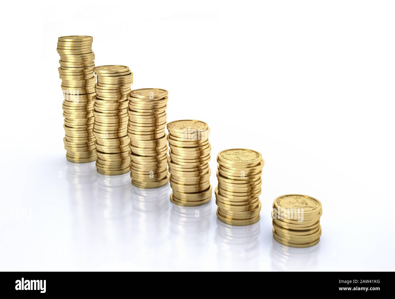 Dinero. Monedas de oro en dólares apiladas alineadas como una escalera. Ilustración 3D sobre fondo blanco. Foto de stock