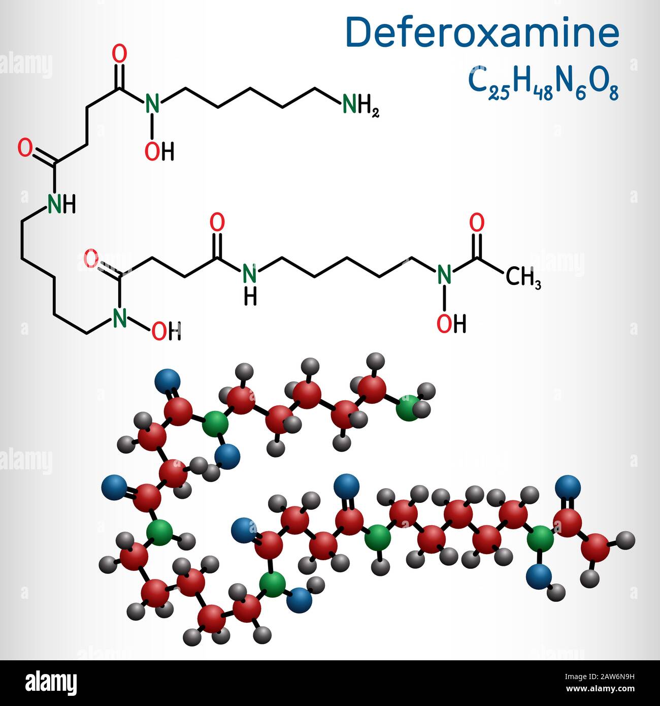 Deferoxamina, desferrioxamina B, DFOA, molécula C25H48N6O8. Es un agente  quelante de hierro. Fórmula química estructural y modelo de molécula.  Vector enfermo Imagen Vector de stock - Alamy