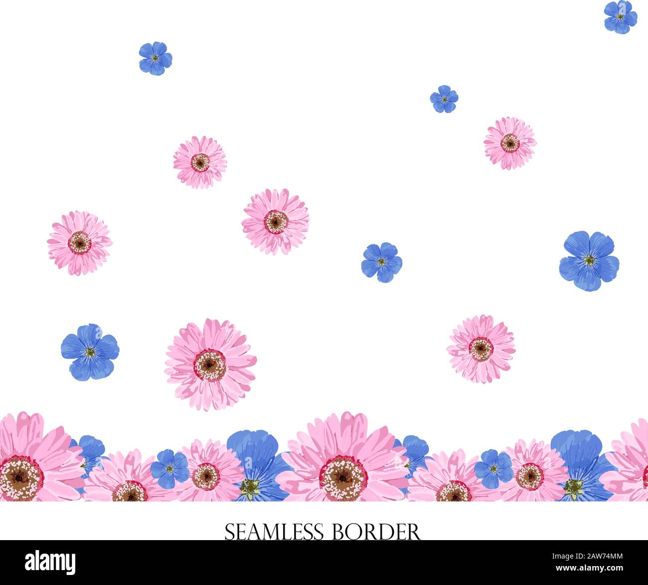 Borde floral sin costuras con flores de primavera brillantes. Dibujo  horizontal vectorial sobre fondo blanco Imagen Vector de stock - Alamy