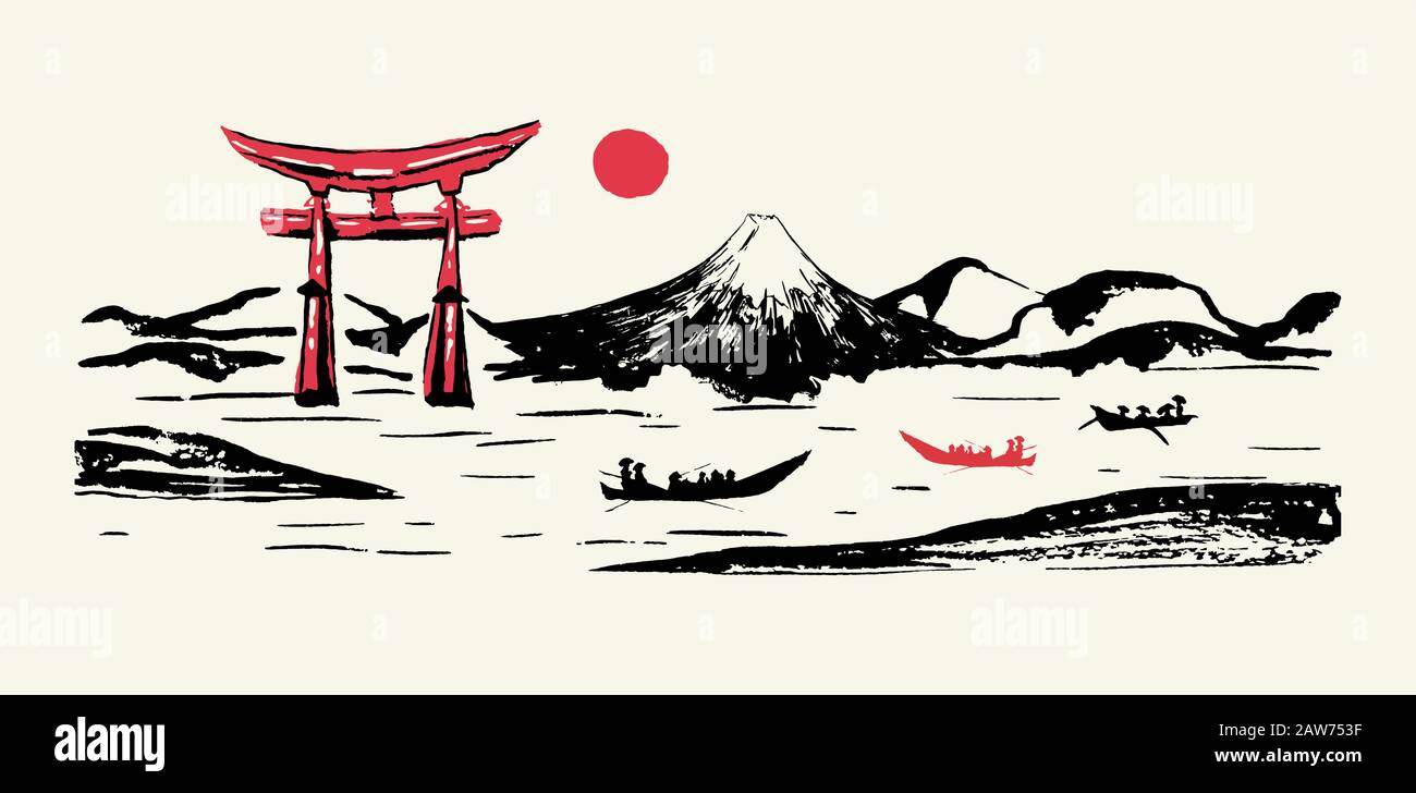 Japón panorama vector tinta pincel calligraphy fondo. Monte Fuji en la montaña japonesa, puertas Torii y paisaje de aumento de sol rojo con barcos de pesca en el río, dibujo de pincel de tinta y gráfico dibujado a mano Ilustración del Vector