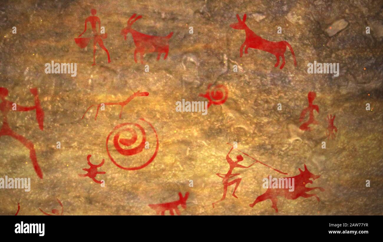 Enigmática representación 3d del arte antiguo primitivo en una pared cueva marrón con gente con lanzas, flechas y arcos cazando cabras, jabalíes y serpientes. Foto de stock