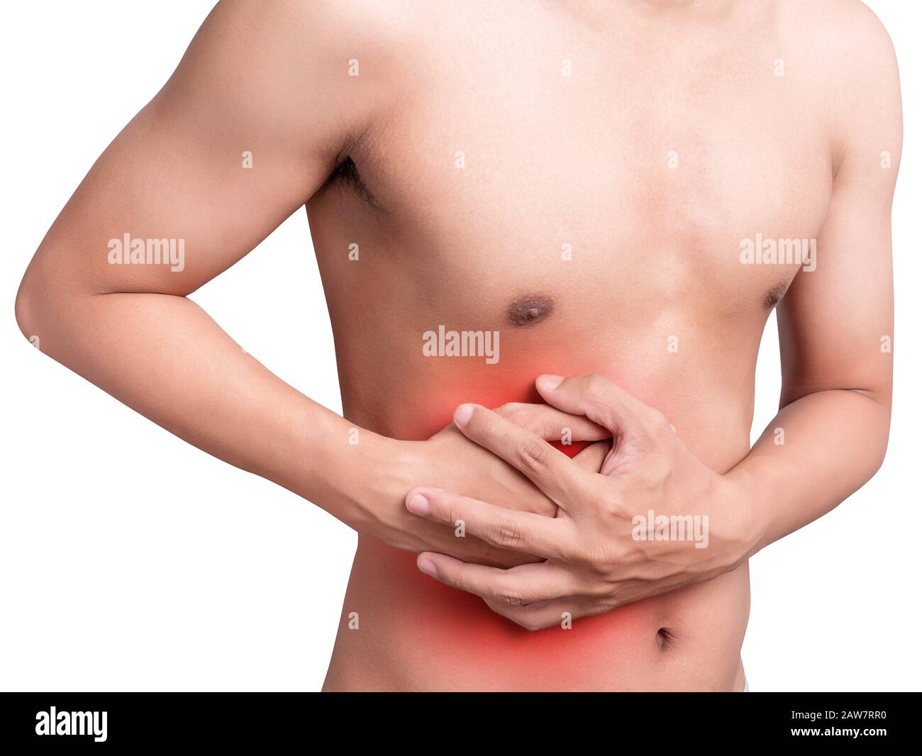 Hombre estómago que sufre de dolor de estómago o Concepto Gastroenterologist con la Salud Y la Medicina. Dolor de color rojo. Aislar sobre fondo blanco Foto de stock