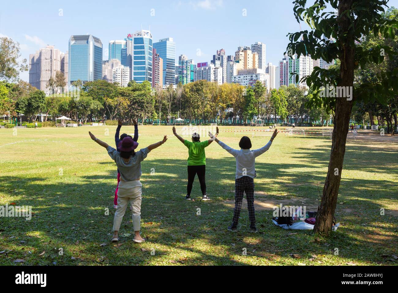 Tai Chi Asia; grupo de edad media de gente local haciendo ejercicio de Tai Chi en Victoria Park, Hong Kong, Asia; ejemplo; estilo de vida asiático Foto de stock