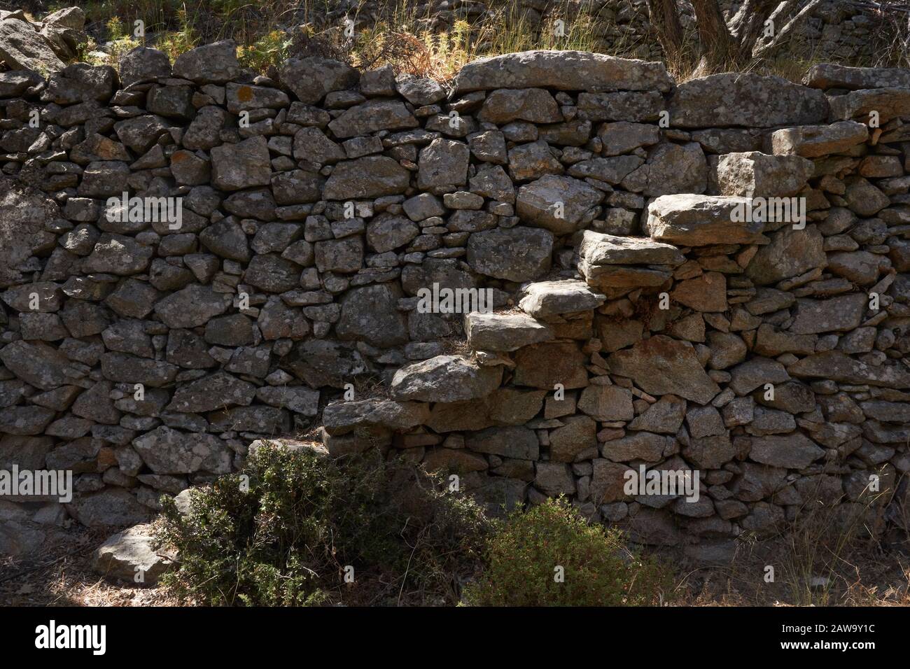 Escalones construidos en una pared de piedra seca en la isla griega de Ikaria. Foto de stock