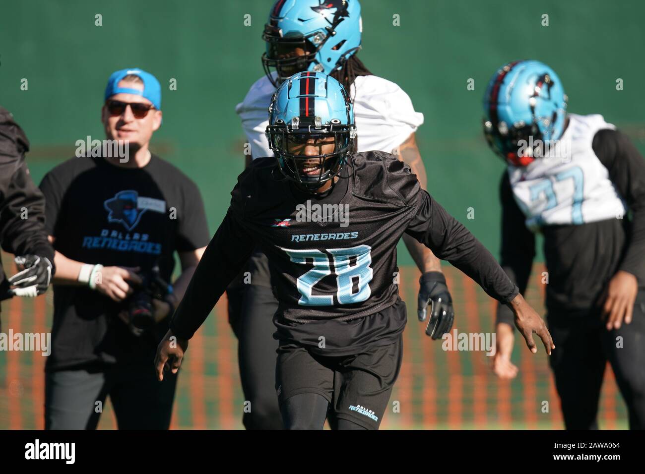 Dallas Renegades cornerback Josh Hawkins durante una práctica de XFL, el sábado 1 de febrero de 2020, en Globe Life Field en Arlington Texas, EE.UU. (Foto de IOS/ESPA-Images) Foto de stock