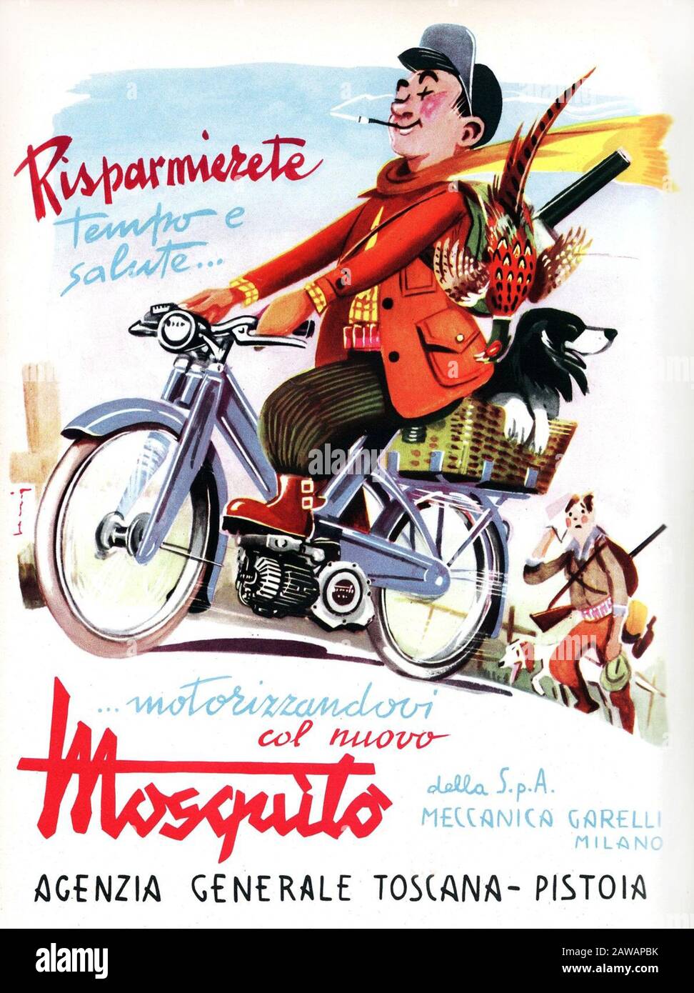 1954 , Milano , ITALIA : el MOSQUITO italiano del scooter por la industria de Meccanica GARELLI , publicidad - CACCIA - CACCIATORE - cazador - INDUSTRIA - INDUSTR Foto de stock