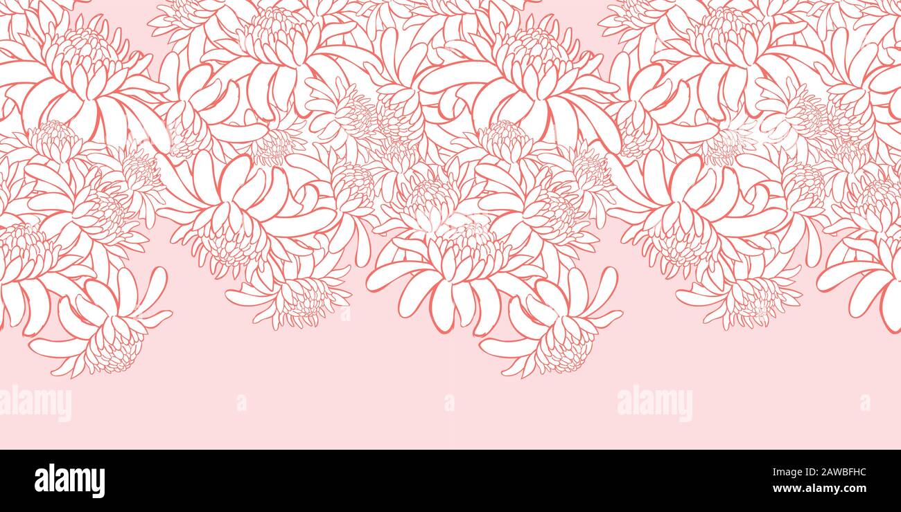 Vector rosa borde horizontal patrón 01 con antorcha tropical jengibre flores contornos. Realice fácilmente el estampado de oro. Adecuado para tarjetas de invitación. Ilustración del Vector