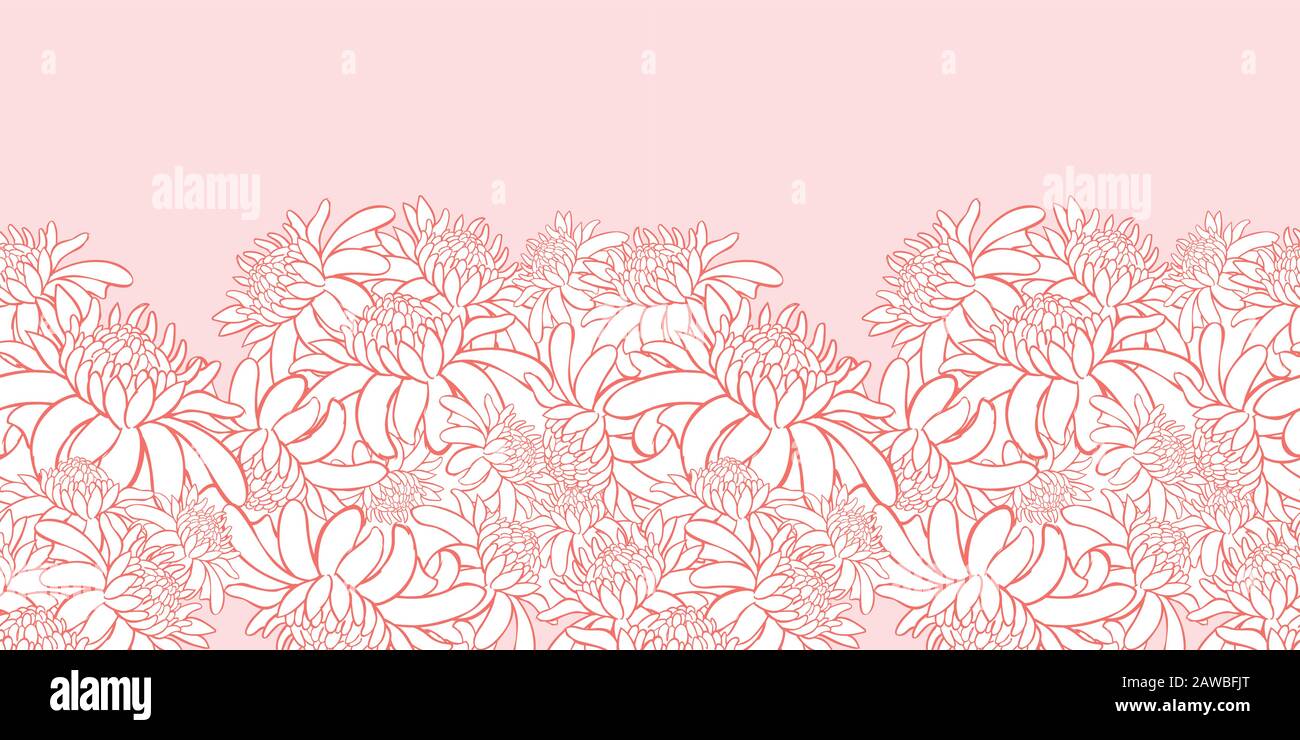 Vector rosa borde horizontal patrón 02 con antorcha tropical jengibre flores contornos. Realice fácilmente el estampado de oro. Adecuado para tarjetas de invitación. Ilustración del Vector