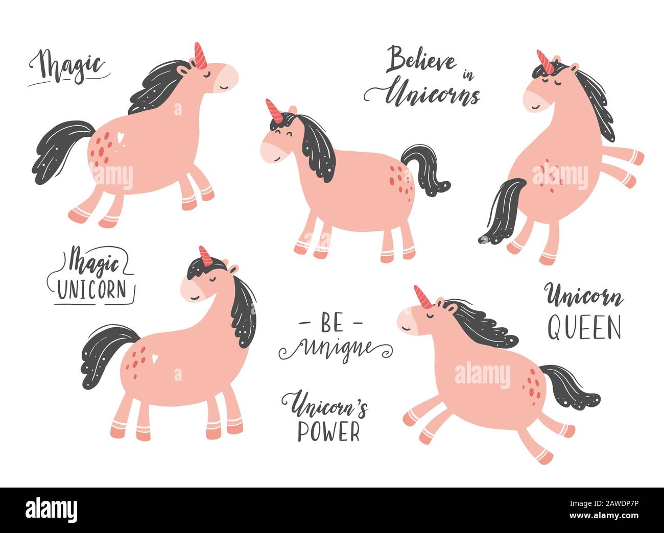 Unicornio conjunto de estilo de dibujos animados de moda simple con texto de letras. Unicornio de color rosa para niños y tela mágica, bolsa, diseño de camiseta. Ilustración vectorial aislada. Ilustración del Vector