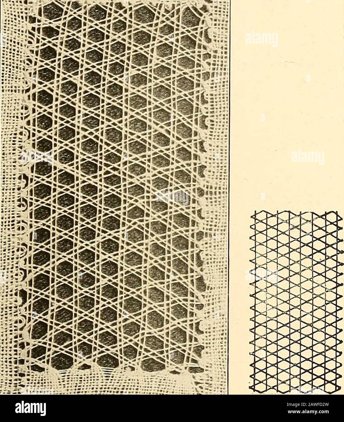 Una guía de encaje para fabricantes y coleccionistas; con una bibliografía y nomenclatura de cinco idiomas, profusamente illuswith medias tintas y diseños clave . el Tulle Doble de malla pequeña, destaca que los pins están dispuestos de manera diferente para hacer una malla más abierta. Los pares se tuercen dos veces y se cruzan, luego se fijan, nuevamente se tuercen dos veces, y se cruzan para cerrar el pasador. Se hace una puntada entre los pares uno y dos, y un pasador colocado en tres.Entonces se hace una puntada con los pares cuatro y cinco y un pasador colocado en seis, thena puntada se hace entre los pares siete y ocho, y un pasador colocado en nueve, etcetera. Foto de stock
