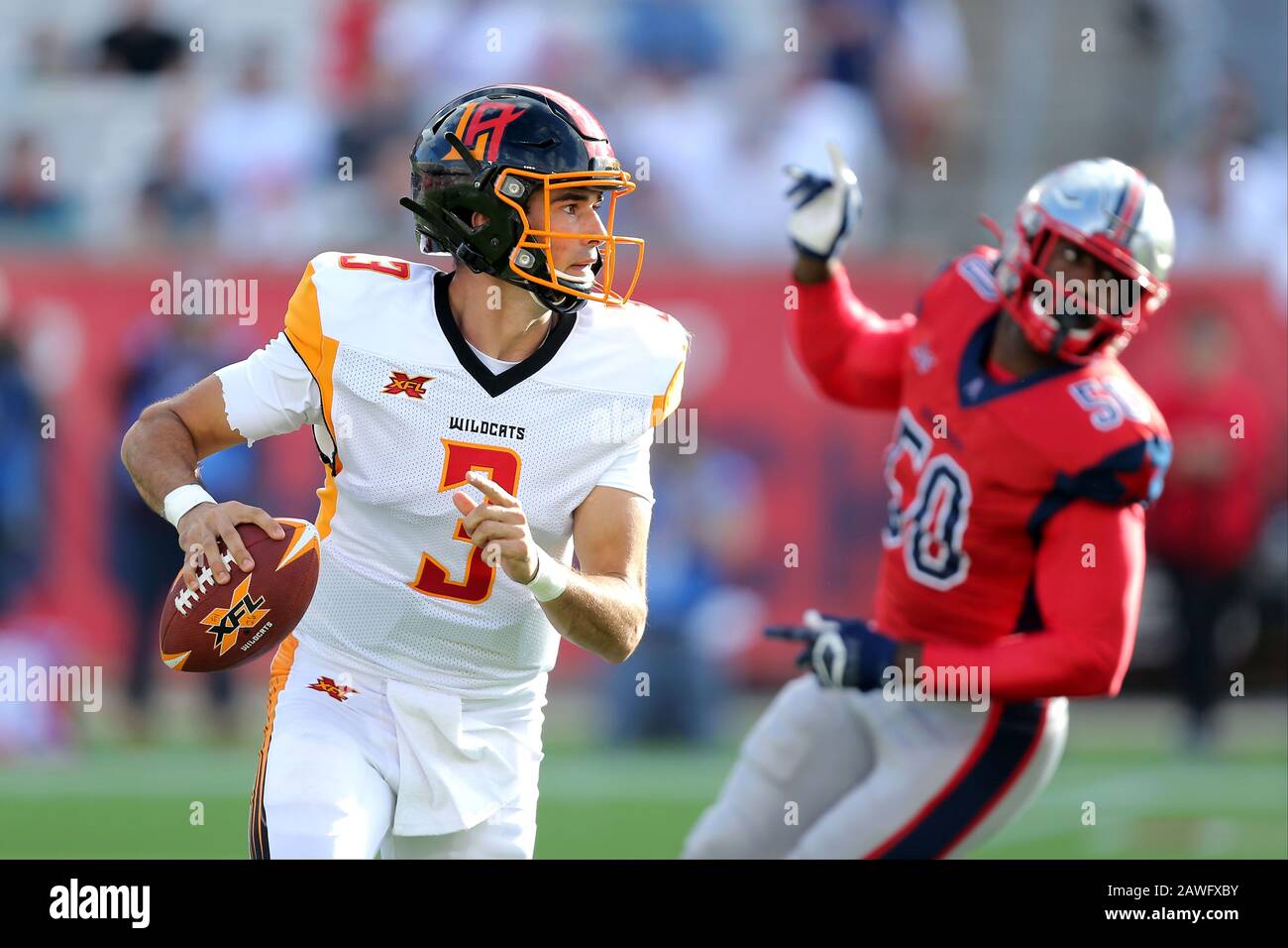Houston, Texas, Estados Unidos. 8 de febrero de 2020. La Wildcats quarterback Chad Kanoff (3) busca pasar downfield durante el juego de temporada regular XFL entre los Houston Roughnecks y los Angeles Wildcats en el estadio TDECU en Houston, TX el 8 de febrero de 2020. Crédito: Erik Williams/Zuma Wire/Alamy Live News Foto de stock