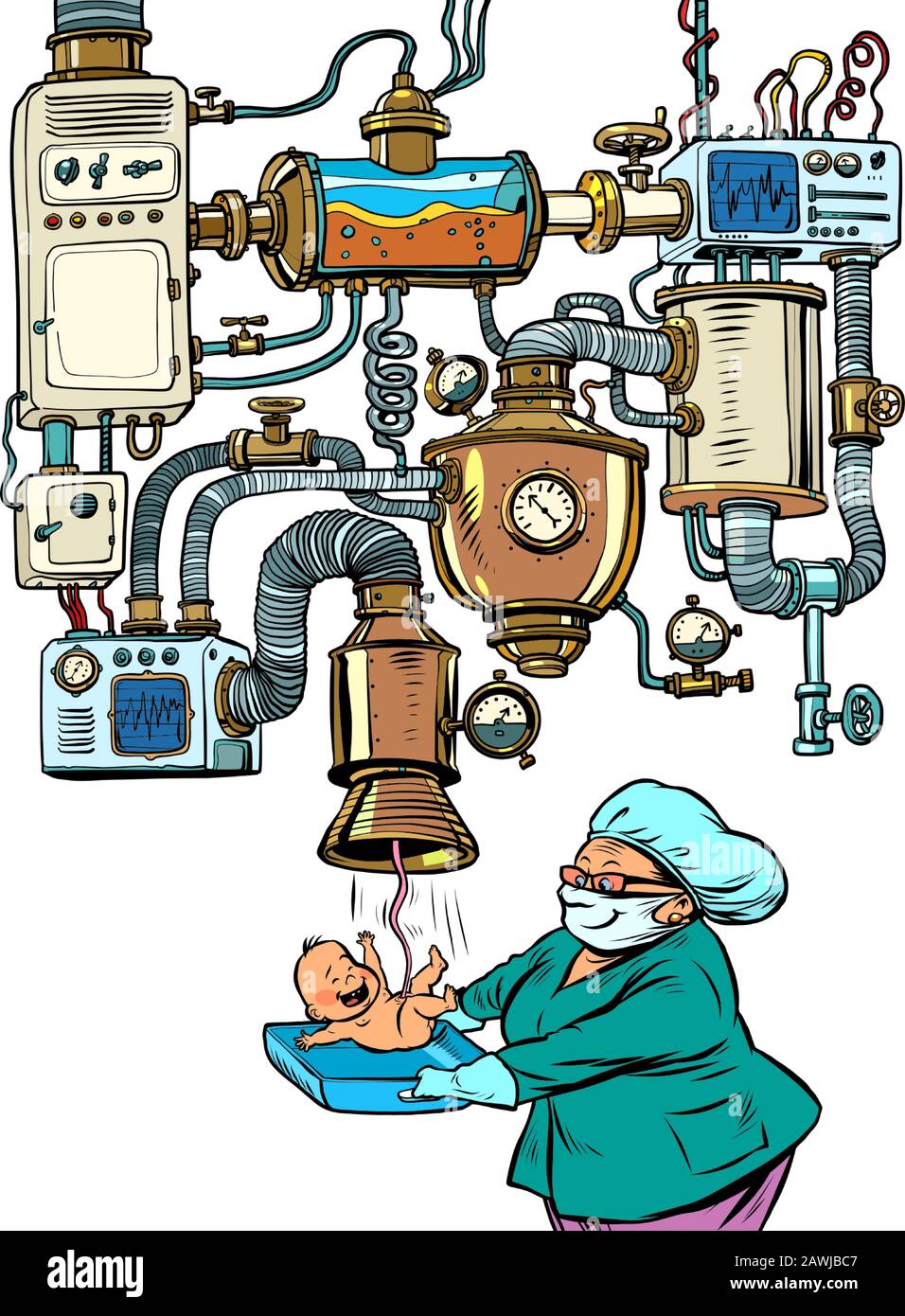 Partera y recién nacido, concepto de hospital de maternidad, embarazo artificial Ilustración del Vector