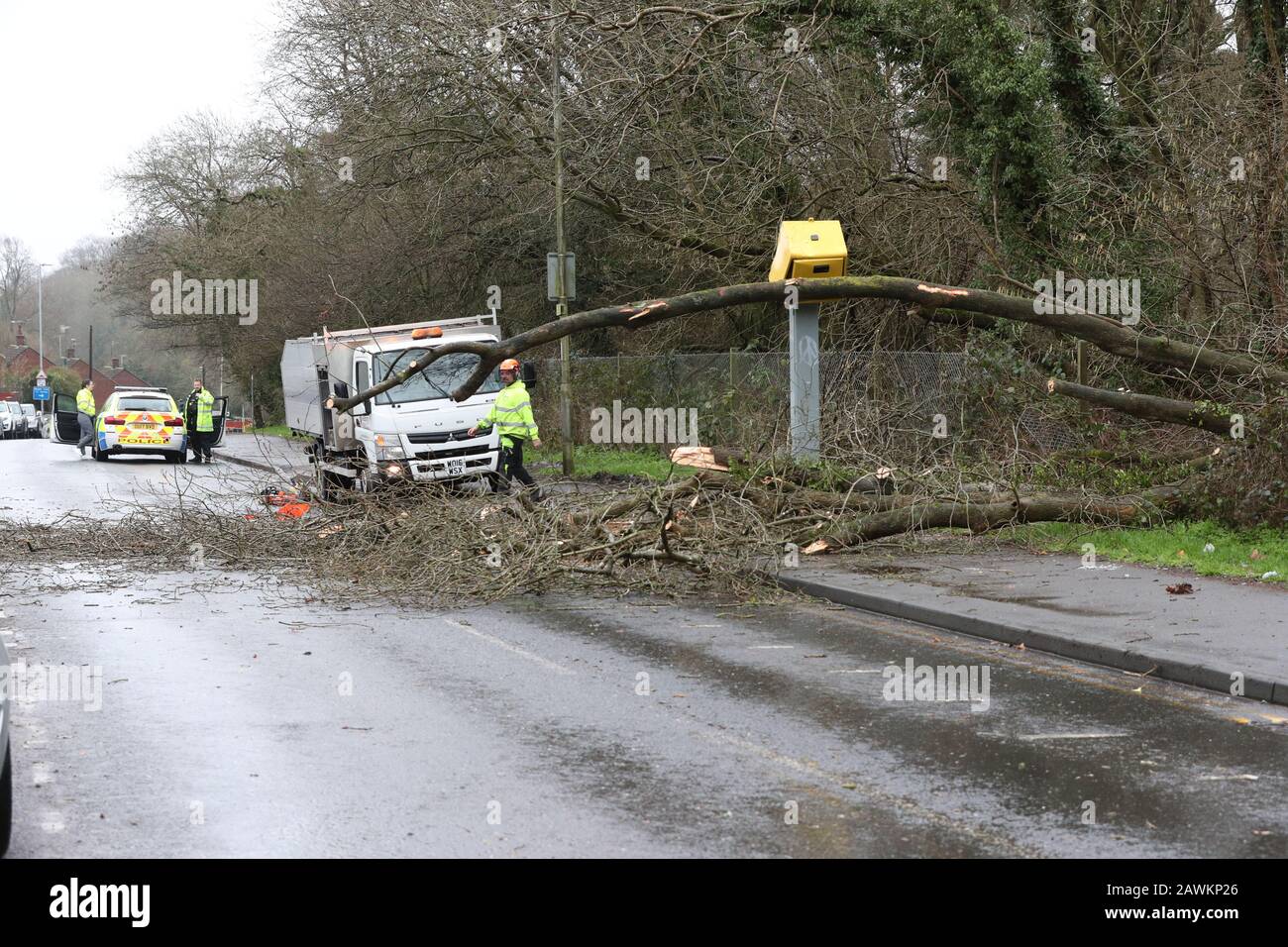 Los obreros se despeinan después de que el árbol cayó en radar de tráfico y lo dañó en el Meadway en Tilehurst, leyendo cuando Storm Ciara llega al Reino Unido. Foto de PA. Fecha Del Cuadro: Domingo 9 De Febrero De 2020. Vea la historia de PA Storm. El crédito de la foto debe leer: Jonathan Brady/PA Wire Foto de stock