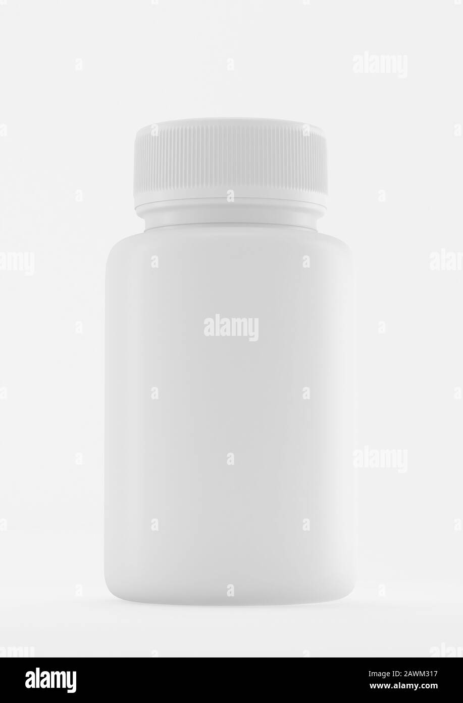 Botella de plástico reciclado llena de pastillas de aspirina blancas contra fondo blanco. El suplemento y el producto de antibióticos se embolsaron. Foto de stock