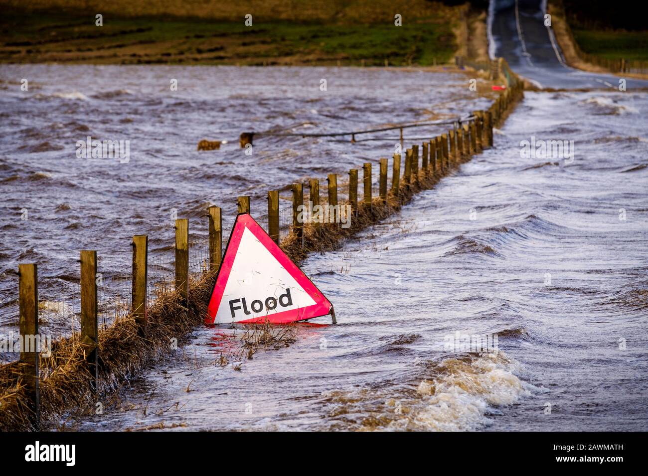 La tormenta Ciara hace que el río Medwin (afluente del río Clyde) estalle sus orillas en el sur de Lanarkshire, Escocia causando grandes inundaciones . Foto de stock
