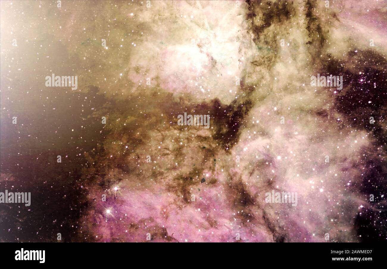 Estrellas, polvo y gas en una nebulosa mucho espacio de la galaxia de fondo. Guardería estelar. El universo infinito Foto de stock