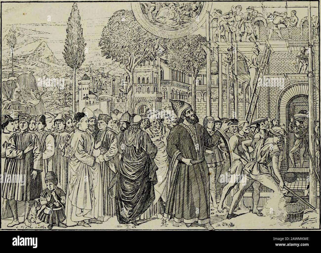 Histoire de l'art control colgante la Renaissance . un cofre de mariage (« il cassone » ou « il forziere »)finement scuppté ou richement enluminé; des bijoux que les Ghiberti, les Ver-rocchio, les Ghirlandajo ne dédaigneront pas de ciceler; largenterie; la Madone 1. Armand, Les Mèdailkiirs italiens des quiiiiième et seizième siècles, t. III, pág. 40-41. 2. Les Précurseurs de la Renaissance, pág. 218. 3. Symonds, Renacimiento en Italia : Fine avis; Londres, 1882, p. i-2. 36 HISTOIRE DE LART COLGANTE LA RENAISSANCE. Peinte pour la chambre nuptiale; le livre dheures dans lequel les plus humblesplaceront, à défa Foto de stock