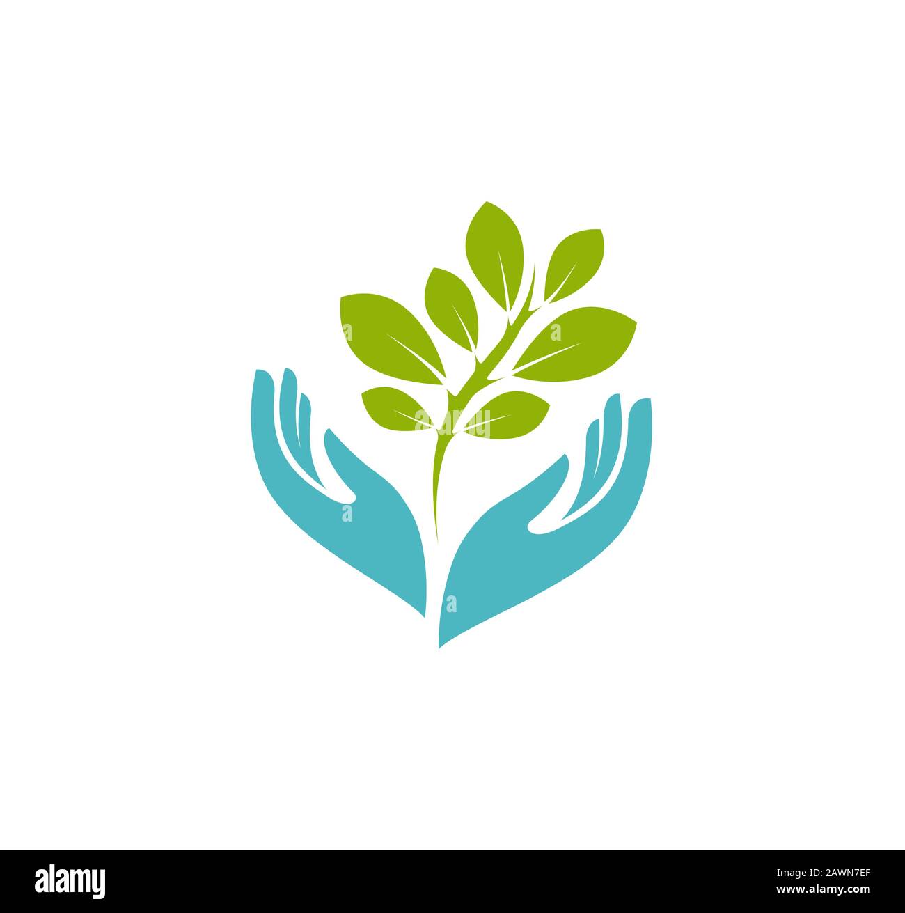 Manos sosteniendo el logo de la planta. Medio ambiente, naturaleza, símbolo agrícola o icono Ilustración del Vector