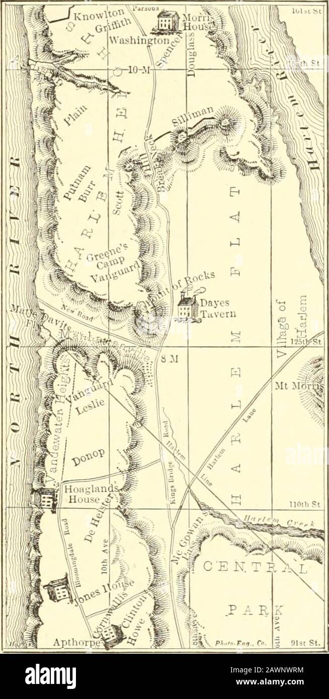 Historia de la ciudad de Nueva York : su origen, ascenso y progreso . alentre los dos bates-tles la luz de la infantería de Leslie fueron silentlypushing su camino después de Knowlton alongthe costa baja de theHudson. Como el veterinario no forti-fications había beenerectado a través de HarlemHeights, escribió Sil-1 i m a n, — y alsoGeorge Clinton,— excepto un simple comienzo-ning cerca de la Morrishouse, y tres pequeños reductos cerca de la mitad de camino a Manhattan-ville ; Desde el primer amanecer tuvo alarge Ibrce de menempload en este punto lat-ter con spadesand palas throwingEarth en la trinchera-es ; ere noche-caída lineswere acrosst completado Foto de stock