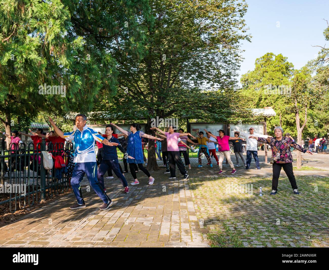 Los chinos mayores ejercitan en clase de Tai Chi, Tiantan Park, Beijing, China, Asia Foto de stock