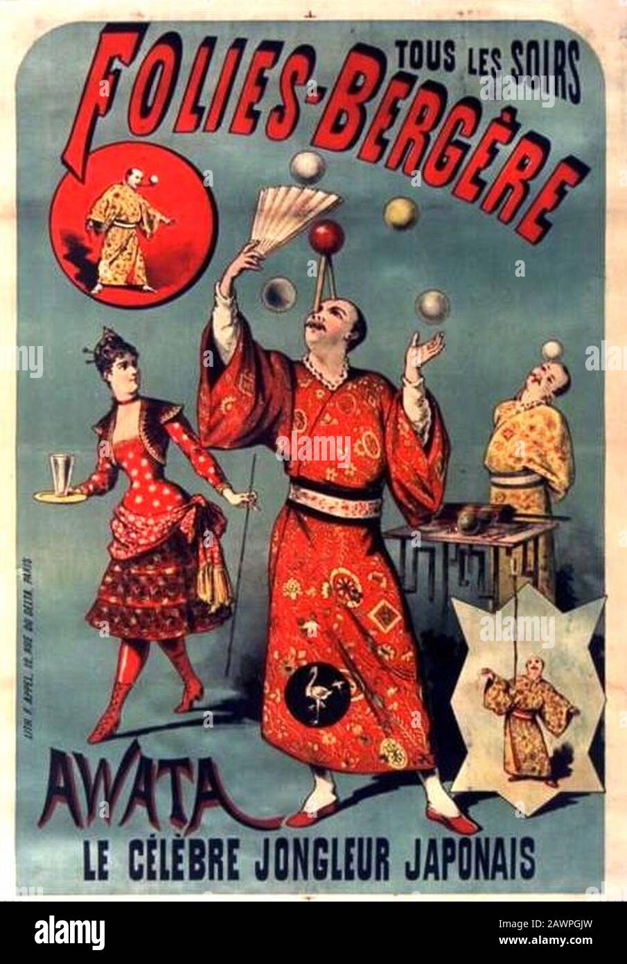 Folies-Bergère. Tous les soirs Awata, le célèbre jongleur japonais 1895. Foto de stock