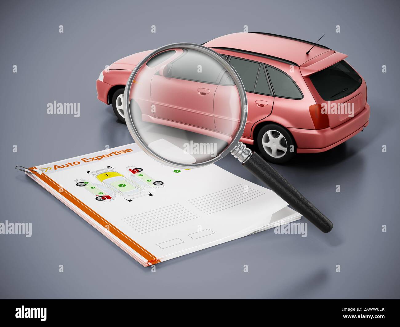 Concepto de experiencia en automóvil. Lupa en el modelo de coche con resultados de prueba. Ilustración 3D. Foto de stock