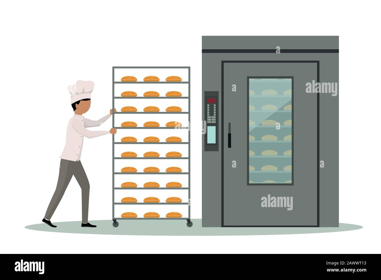 Panadero que lleva la gradilla llena de pan a un horno industrial Imagen  Vector de stock - Alamy