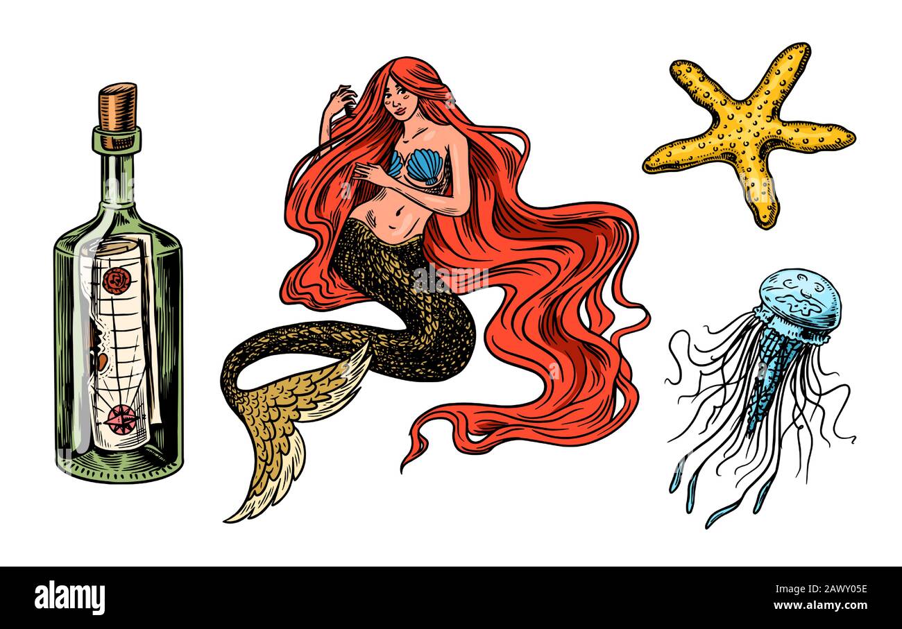 Sirena náutica y botella marina, medusas y olas oceánicas, Gorgon y medusa. Dibujo a mano vintage retro monocromo grabado antiguo croquis. Ilustración del Vector