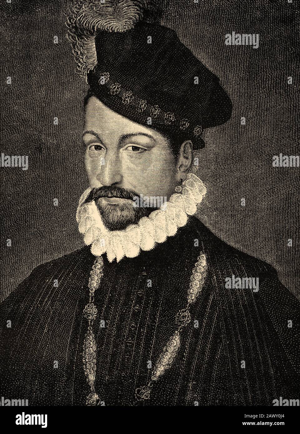 Retrato de Carlos IX de Francia, Carlos Maximiliano de Francia (Saint-Germain-en-Laye, 27 de junio de 1550 - Vincennes, 30 de mayo de 1574), fue Rey de Francia Foto de stock