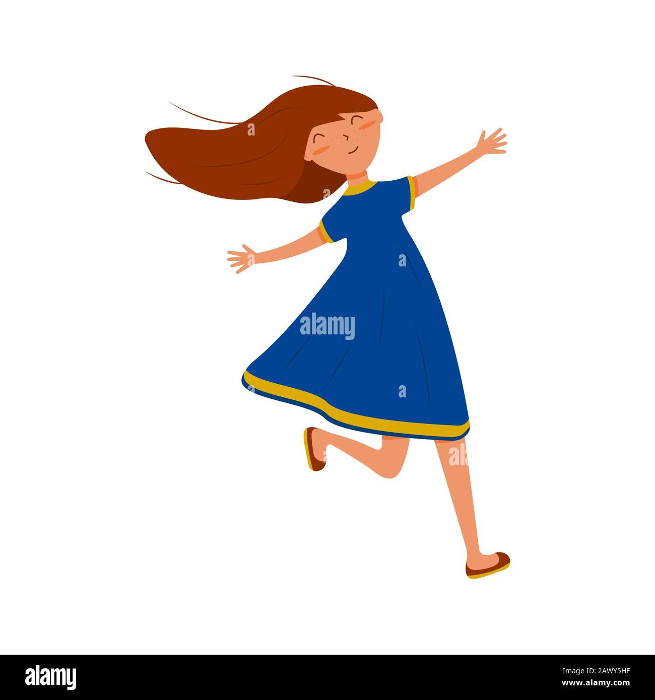 La muchacha gozosa en un vestido azul corre con los brazos extendidos, con  el pelo largo que fluye, con pecas. Ilustración de colores en un estilo  plano. Dibujos Animados Imagen Vector de