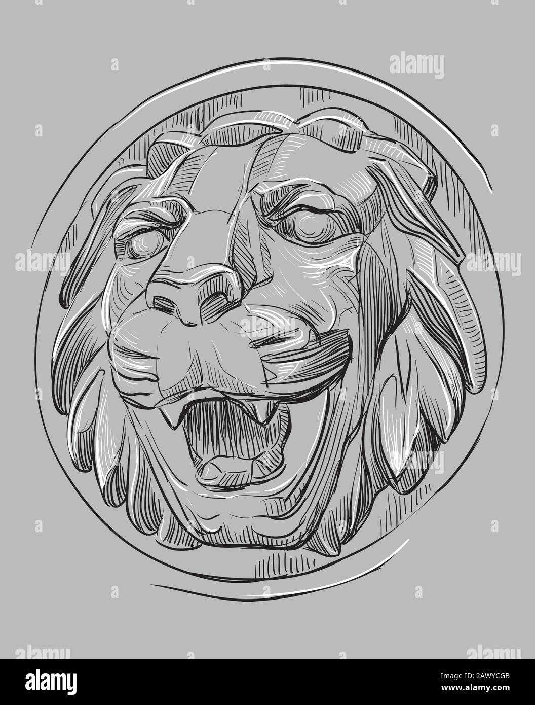 Antiguo bajorrelieve de piedra en forma de cabeza de león con boca abierta, vector dibujo a mano ilustración en color blanco y negro aislado en gris bac Ilustración del Vector
