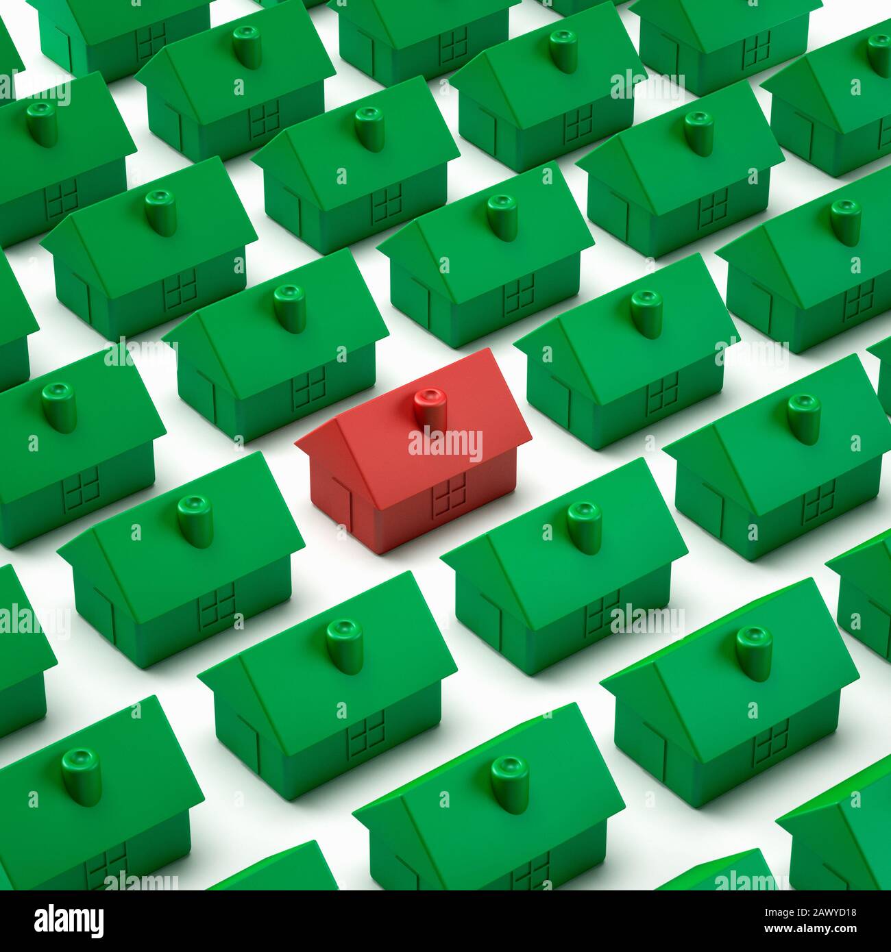 Casa roja entre muchas casas, crisis de vivienda o concepto de hacinamiento Foto de stock