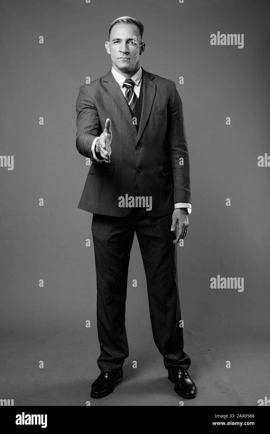 Tiro de cuerpo entero de hombre de negocios en traje con fondo gris  Fotografía de stock - Alamy