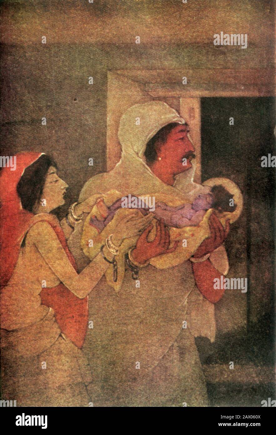 'El Nacimiento De Krishna', 1920. Krishna nace de Devaki y su marido, Vasudeva, que transporta secretamente al infante a través de Yamuna para la seguridad en el exilio. De "Mitos de los hindúes &amp; Budistas", por la Hermana Nivedita y Ananda K. Coomaraswamy. [George G. Harrap &amp; Company Ltd, Londres, 1920] Foto de stock