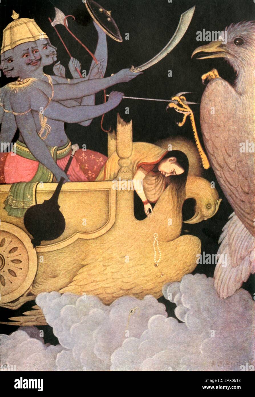 'Ravana luchando con Jatayu', 1920. En la épica hindú Ramayana, Ravana, un mítico rey-demonio de múltiples cabezas combate a Jatayu un pájaro divino. De "Mitos de los hindúes &amp; Budistas", por la Hermana Nivedita y Ananda K. Coomaraswamy. [George G. Harrap &amp; Company Ltd, Londres, 1920] Foto de stock