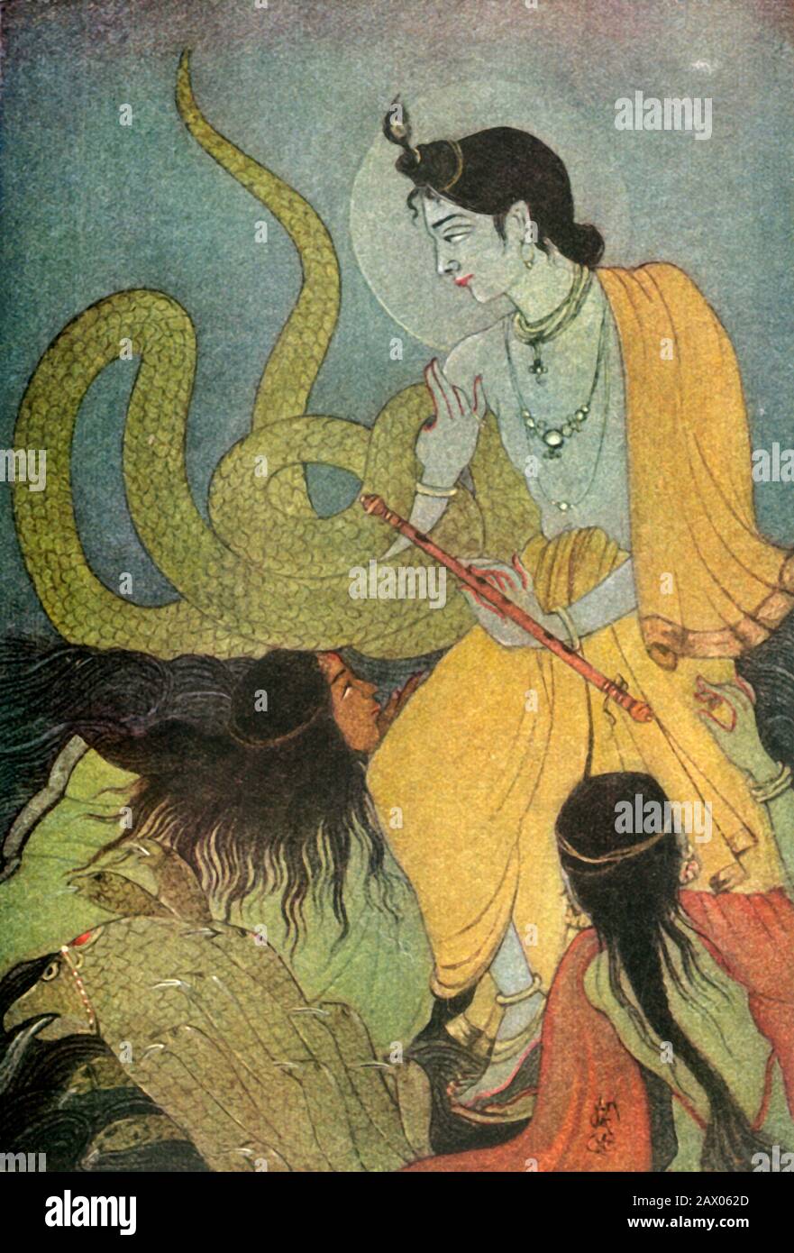 'Kaliya Damana', 1920. En la tradición hindú, Kaliya era una venenosa Naga que vivía en el río Yamuna cerca de Vrindavan. La historia del Señor Krishna bailando y sojuzgando a Kaliya se cuenta en el Bhagavata Purana. De "Mitos de los hindúes &amp; Budistas", por la Hermana Nivedita y Ananda K. Coomaraswamy. [George G. Harrap &amp; Company Ltd, Londres, 1920] Foto de stock