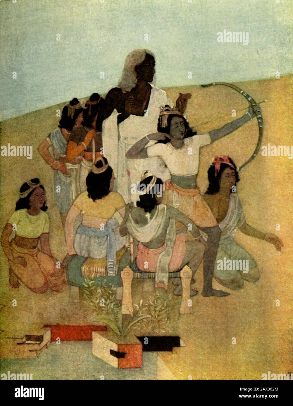 'La prueba de los príncipes', 1920. Una escena de la epopeya hindú, el Mahabharata. Un torneo se llevó a cabo para que los príncipes pudieran mostrar sus habilidades, Arjuna era maestro de todos. De "Mitos de los hindúes &amp; Budistas", por la Hermana Nivedita y Ananda K. Coomaraswamy. [George G. Harrap &amp; Company Ltd, Londres, 1920] Foto de stock