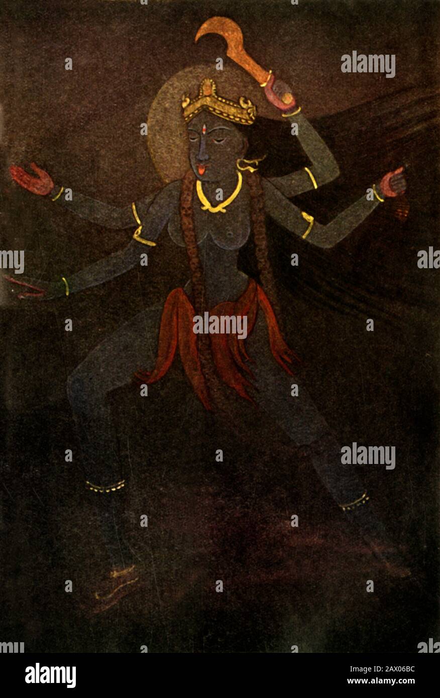 'Kali', 1920. La diosa hindú Kali destructora del mal y la forma más poderosa de Shakti, protector divino que otorga moksha, o liberación, a menudo retrató de pie o baile en su consorte, el dios hindú Shiva. De "Mitos de los hindúes &amp; Budistas", por la Hermana Nivedita y Ananda K. Coomaraswamy. [George G. Harrap &amp; Company Ltd, Londres, 1920] Foto de stock